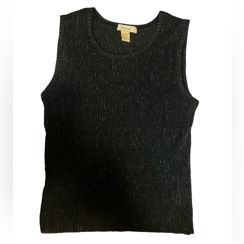 Plisse Pleated Shell Top — Black w/ Silver Threads, Multiple Sizes NWT